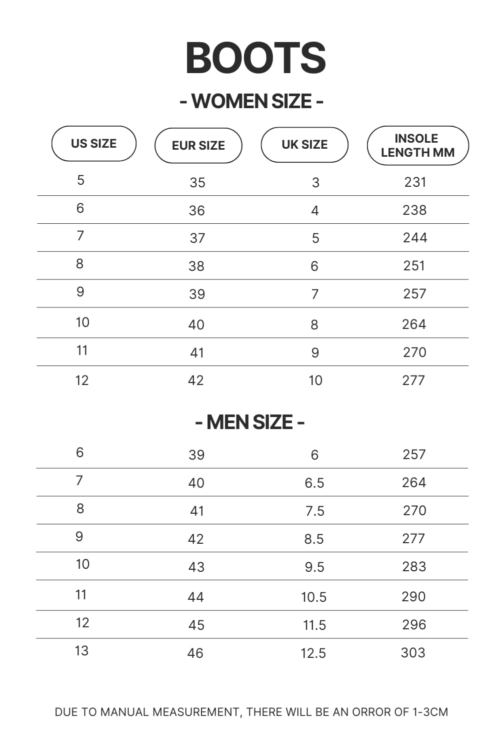 Boots Size Chart - Fruits Basket Shop