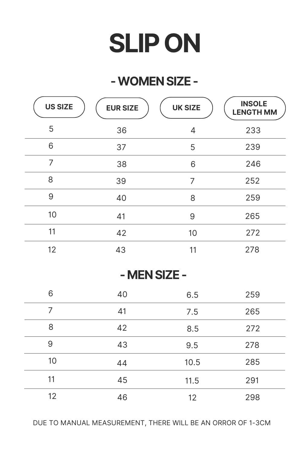 Slip On Size Chart - Fruits Basket Shop