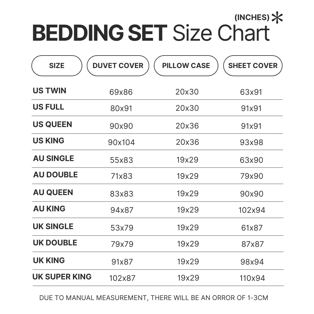 Bedding Set Size Chart - Fruits Basket Shop